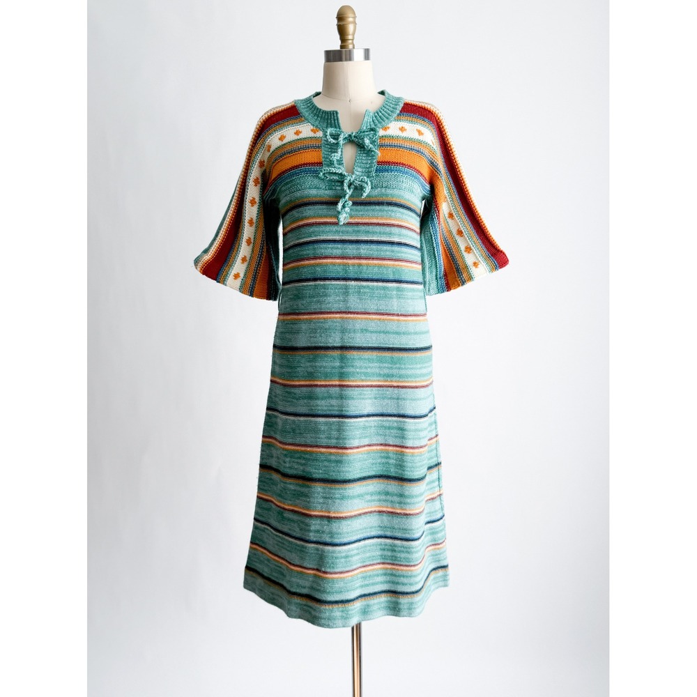 Albee Vintage 70s Knit Midi Dress Boho Striped Bell Sleeve L Teal Orange Retro